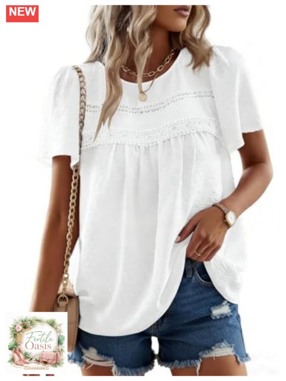 Women Bohemian Peasant Top Short Sleeve Crew Neck Blouse Tunic